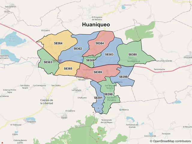 Mapa de códigos postales de Huaniqueo, Michoacán de Ocampo