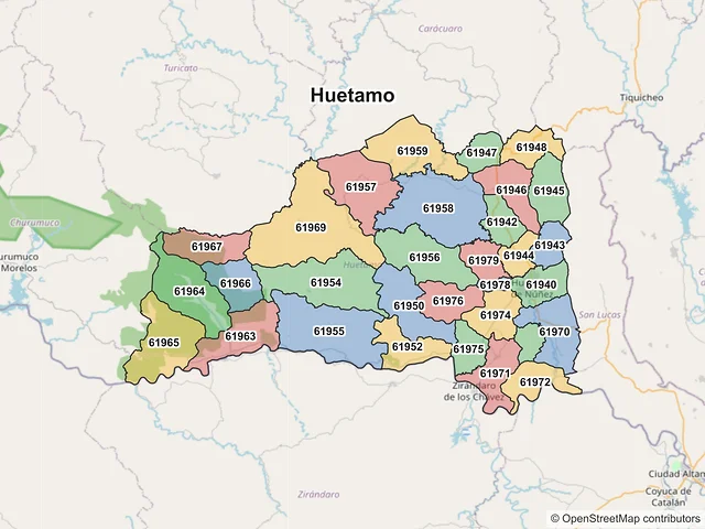 Mapa de códigos postales de Huetamo, Michoacán de Ocampo