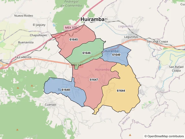 Mapa de códigos postales de Huiramba, Michoacán de Ocampo
