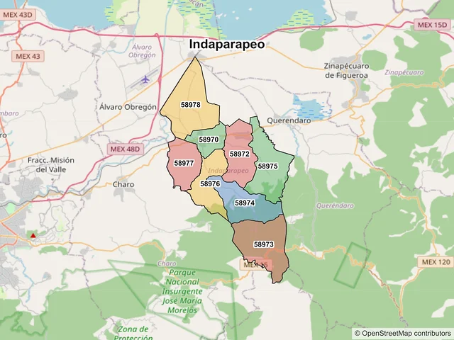 Mapa de códigos postales de Indaparapeo, Michoacán de Ocampo