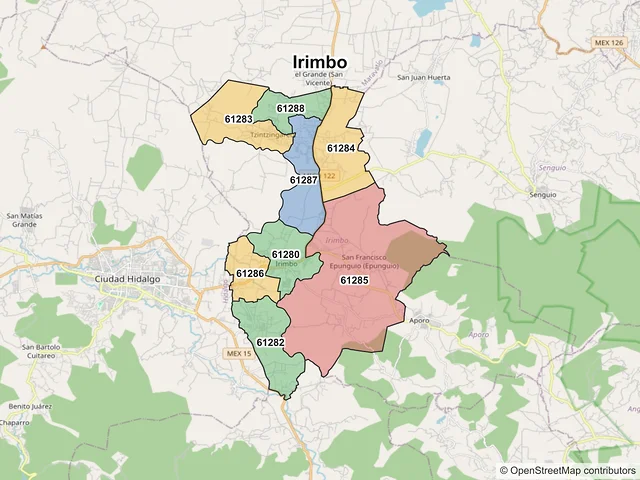 Mapa de códigos postales de Irimbo, Michoacán de Ocampo