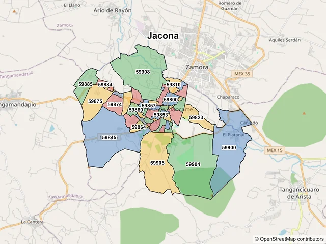 Mapa de códigos postales de Jacona, Michoacán de Ocampo