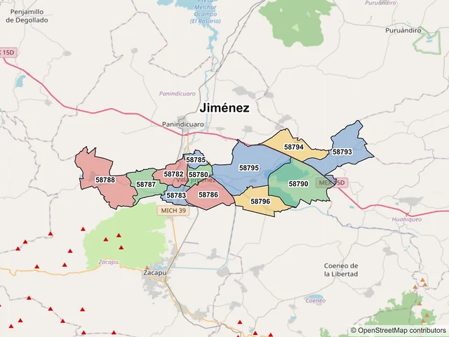 Mapa de códigos postales de Jiménez, Michoacán de Ocampo