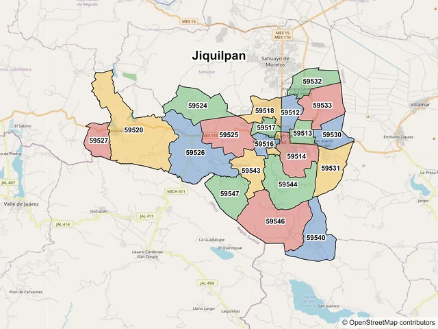 Mapa de códigos postales de Jiquilpan, Michoacán de Ocampo