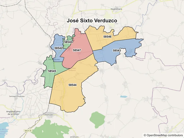 Mapa de códigos postales de José Sixto Verduzco, Michoacán de Ocampo