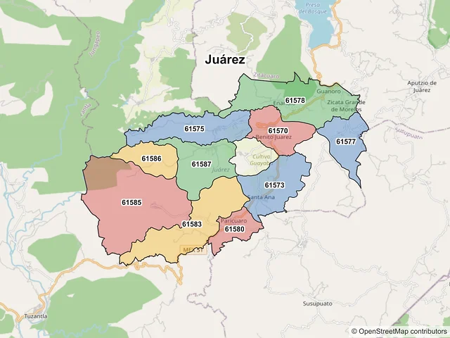 Mapa de códigos postales de Juárez, Michoacán de Ocampo