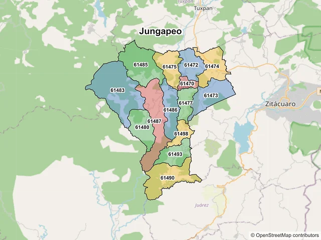 Mapa de códigos postales de Jungapeo, Michoacán de Ocampo