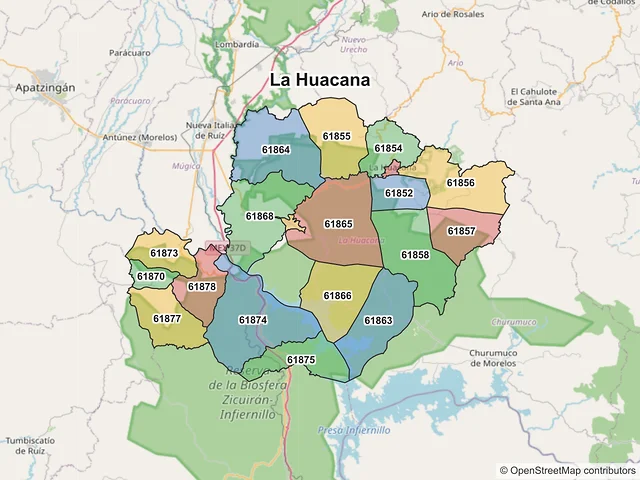 Mapa de códigos postales de La Huacana, Michoacán de Ocampo