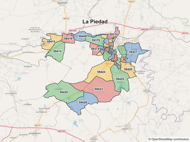 Mapa de códigos postales de La Piedad, Michoacán de Ocampo