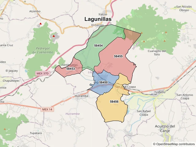 Mapa de códigos postales de Lagunillas, Michoacán de Ocampo