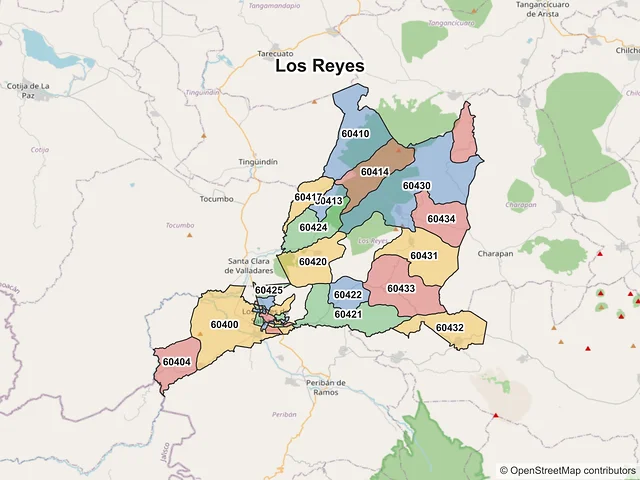 Mapa de códigos postales de Los Reyes, Michoacán de Ocampo