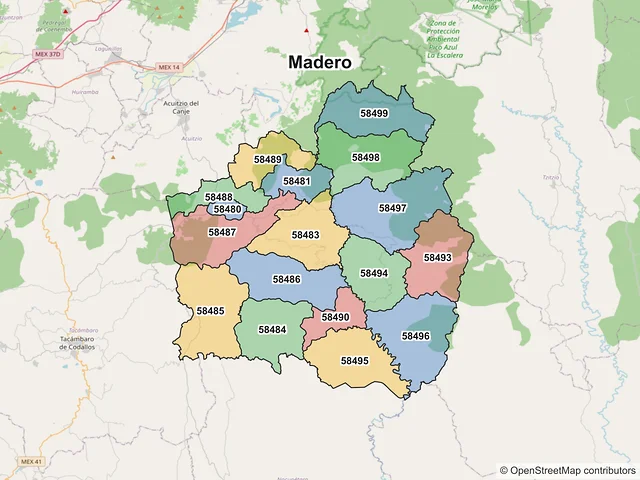 Mapa de códigos postales de Madero, Michoacán de Ocampo