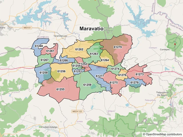Mapa de códigos postales de Maravatío, Michoacán de Ocampo
