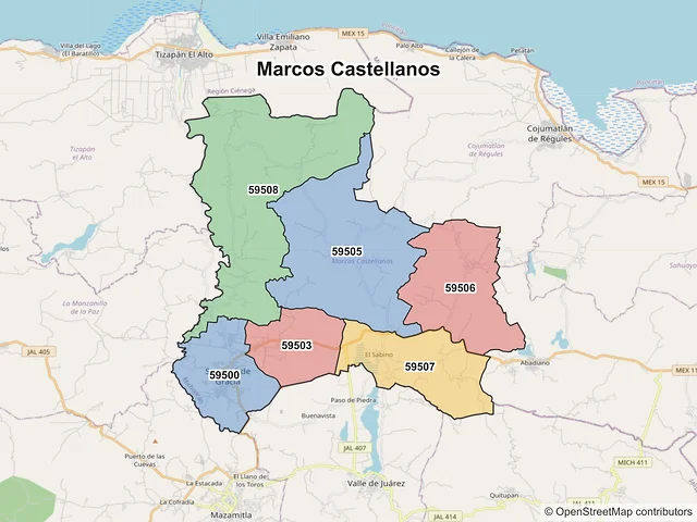 Mapa de códigos postales de Marcos Castellanos, Michoacán de Ocampo