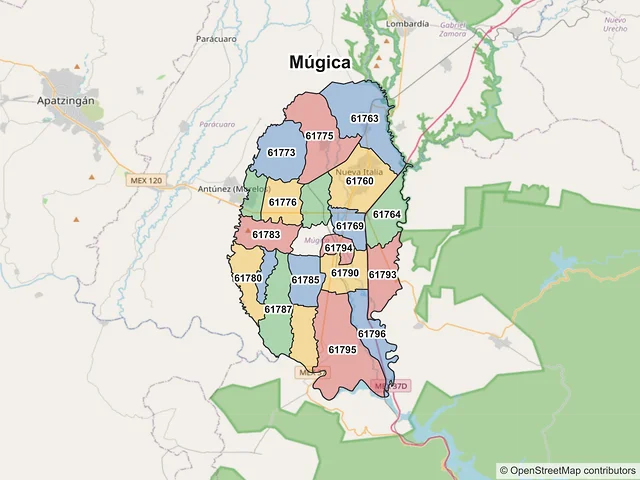 Mapa de códigos postales de Múgica, Michoacán de Ocampo