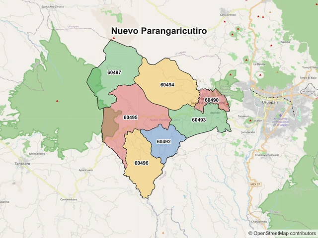 Mapa de códigos postales de Nuevo Parangaricutiro, Michoacán de Ocampo