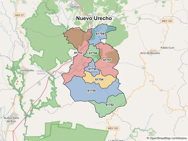 Mapa de códigos postales de Nuevo Urecho, Michoacán de Ocampo