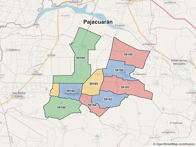 Mapa de códigos postales de Pajacuarán, Michoacán de Ocampo