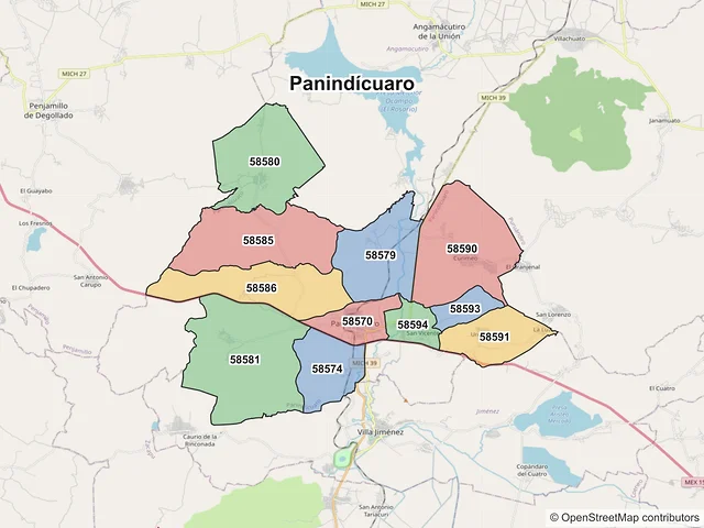 Mapa de códigos postales de Panindícuaro, Michoacán de Ocampo
