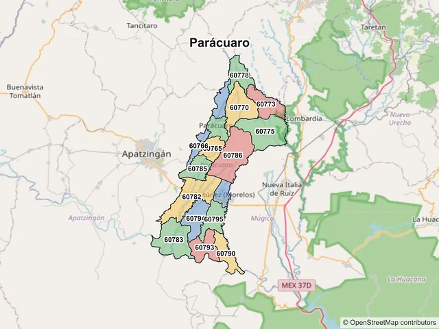 Mapa de códigos postales de Parácuaro, Michoacán de Ocampo