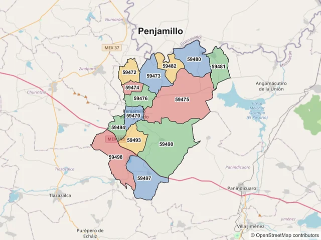Mapa de códigos postales de Penjamillo, Michoacán de Ocampo
