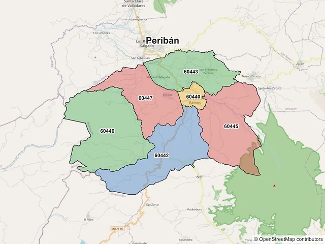 Mapa de códigos postales de Peribán, Michoacán de Ocampo