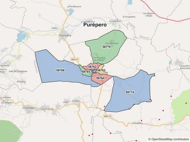 Mapa de códigos postales de Purépero, Michoacán de Ocampo