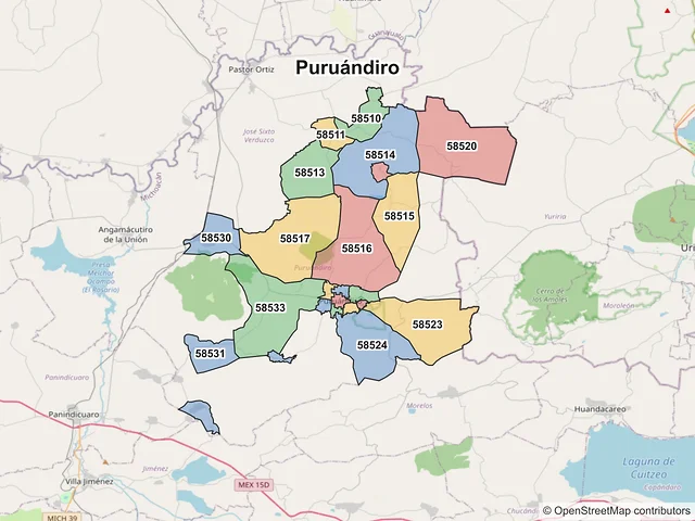 Mapa de códigos postales de Puruándiro, Michoacán de Ocampo