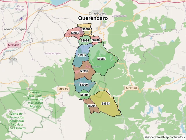 Mapa de códigos postales de Queréndaro, Michoacán de Ocampo