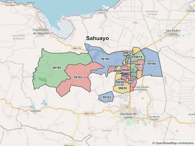 Mapa de códigos postales de Sahuayo, Michoacán de Ocampo
