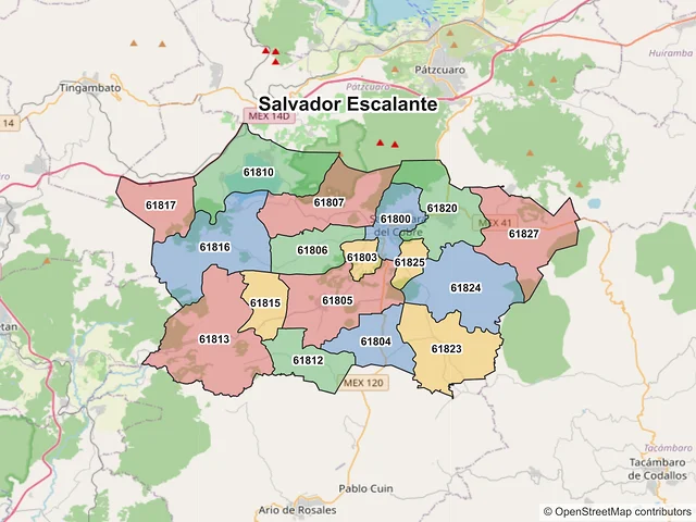 Mapa de códigos postales de Salvador Escalante, Michoacán de Ocampo