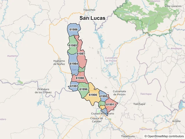 Mapa de códigos postales de San Lucas, Michoacán de Ocampo
