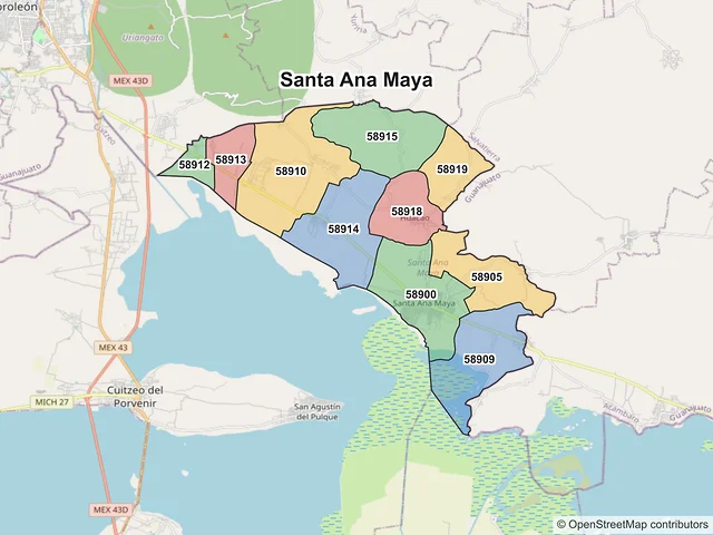 Mapa de códigos postales de Santa Ana Maya, Michoacán de Ocampo