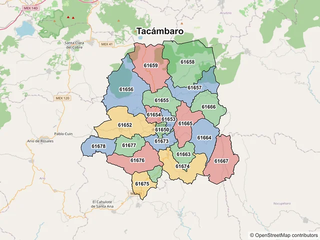 Mapa de códigos postales de Tacámbaro, Michoacán de Ocampo
