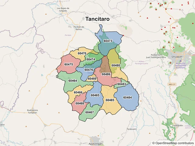 Mapa de códigos postales de Tancítaro, Michoacán de Ocampo