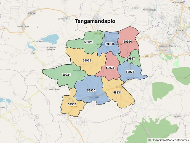 Mapa de códigos postales de Tangamandapio, Michoacán de Ocampo