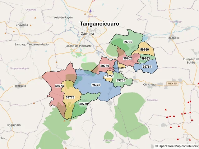 Mapa de códigos postales de Tangancícuaro, Michoacán de Ocampo