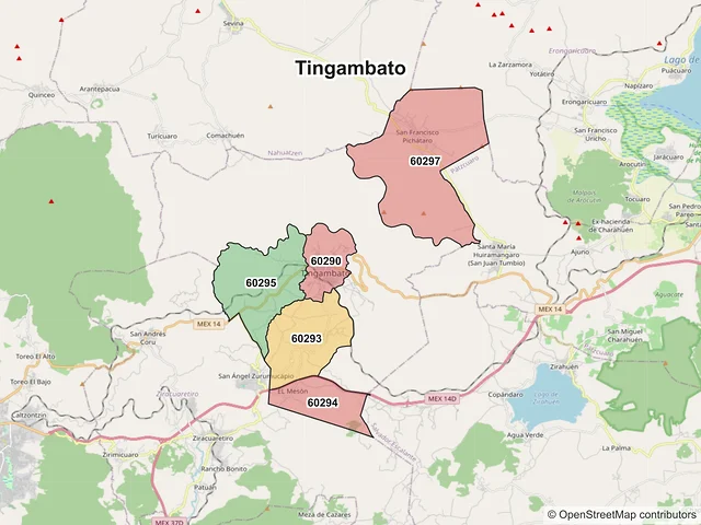 Mapa de códigos postales de Tingambato, Michoacán de Ocampo