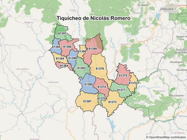 Mapa de códigos postales de Tiquicheo de Nicolás Romero, Michoacán de Ocampo