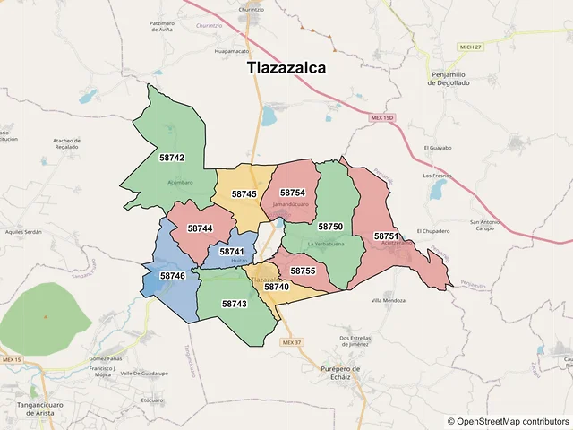 Mapa de códigos postales de Tlazazalca, Michoacán de Ocampo
