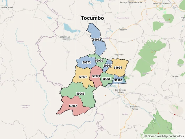 Mapa de códigos postales de Tocumbo, Michoacán de Ocampo