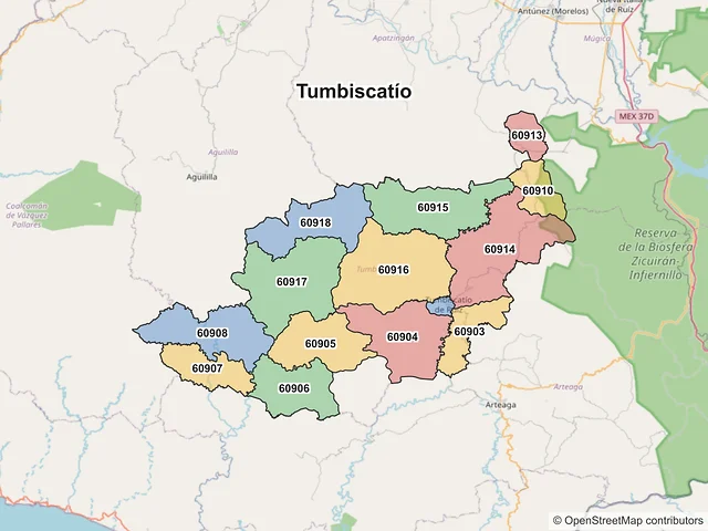Mapa de códigos postales de Tumbiscatío, Michoacán de Ocampo