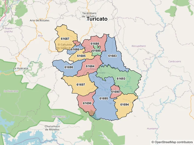 Mapa de códigos postales de Turicato, Michoacán de Ocampo