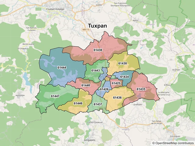 Mapa de códigos postales de Tuxpan, Michoacán de Ocampo