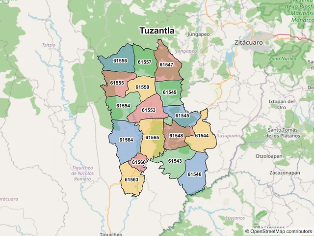 Mapa de códigos postales de Tuzantla, Michoacán de Ocampo