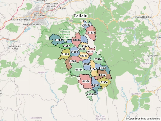 Mapa de códigos postales de Tzitzio, Michoacán de Ocampo