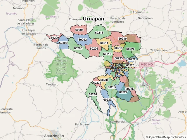 Mapa de códigos postales de Uruapan, Michoacán de Ocampo