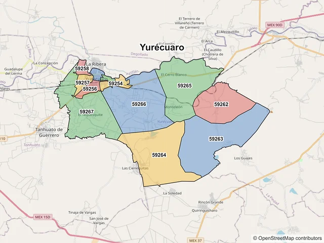 Mapa de códigos postales de Yurécuaro, Michoacán de Ocampo