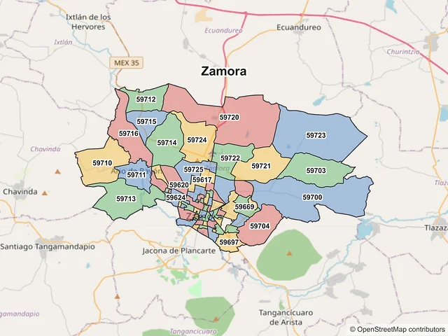 Mapa de códigos postales de Zamora, Michoacán de Ocampo