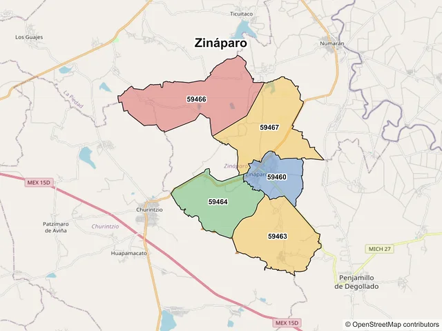 Mapa de códigos postales de Zináparo, Michoacán de Ocampo